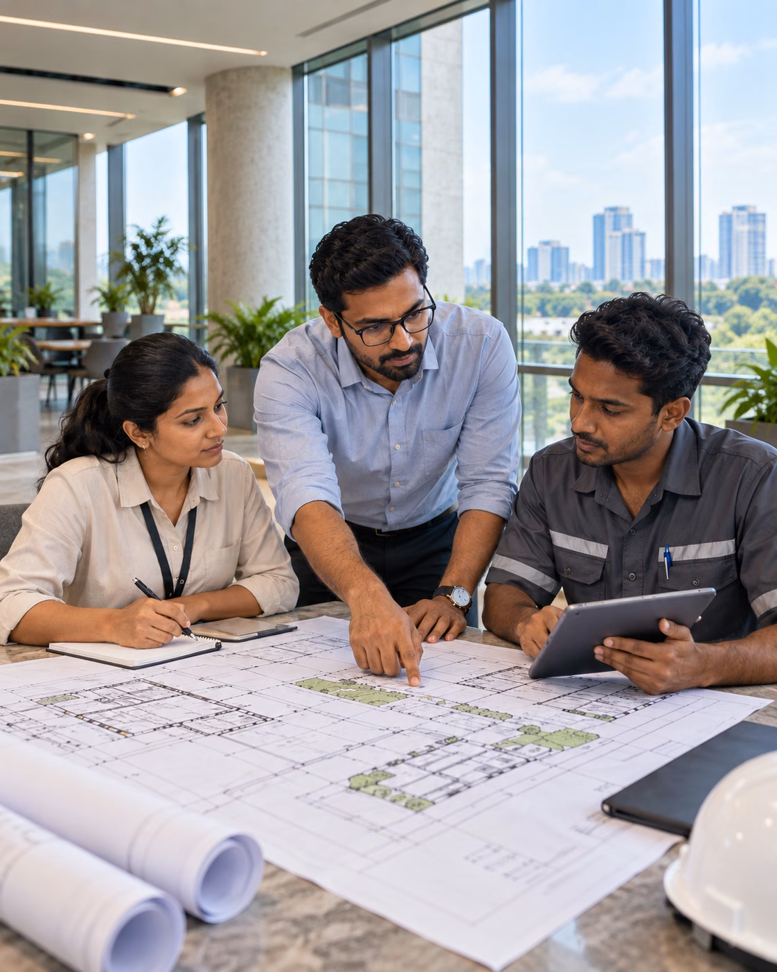 Sri Lankan facilities colleagues reviewing building plans in a modern commercial property