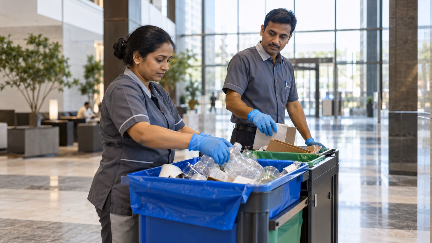 Facilities team managing cleaning and waste in an occupied building