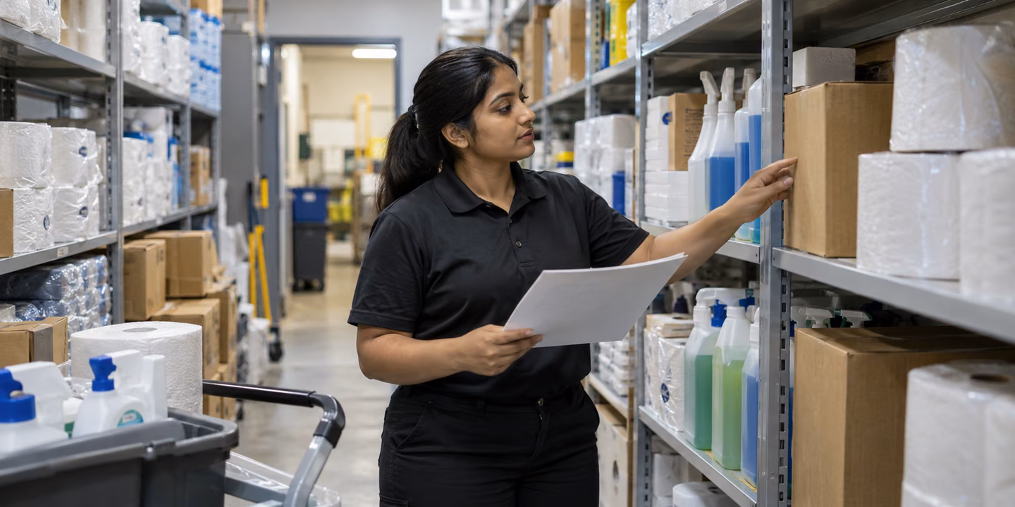 Coordinator checking storeroom supplies