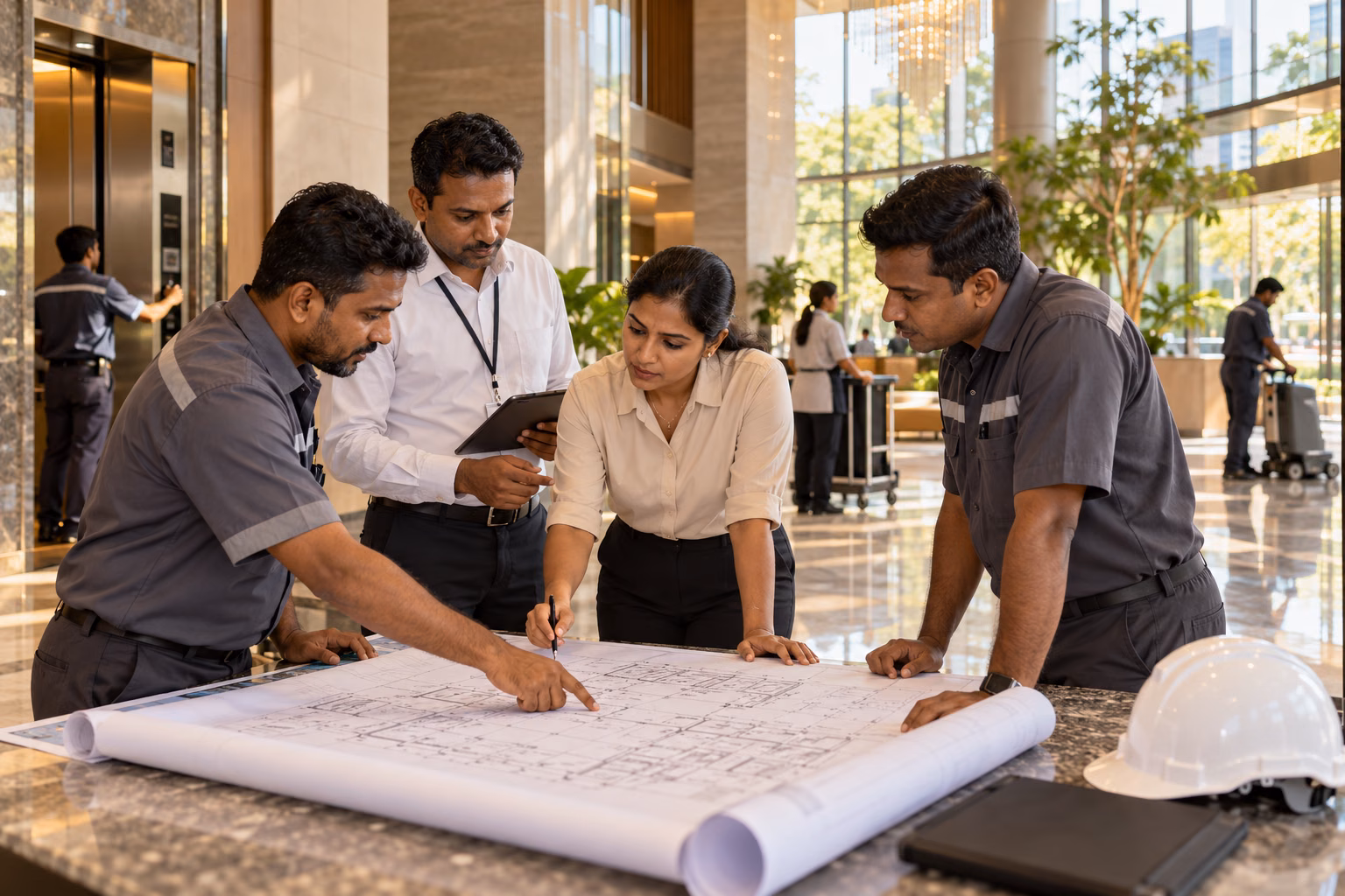 Facilities team reviewing building plans in a commercial property
