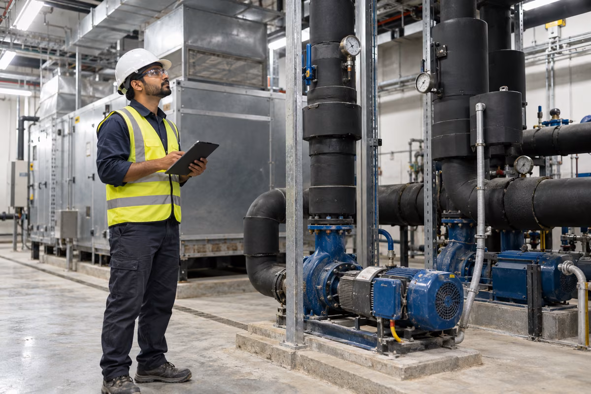 Facilities engineer inspecting building plant and equipment