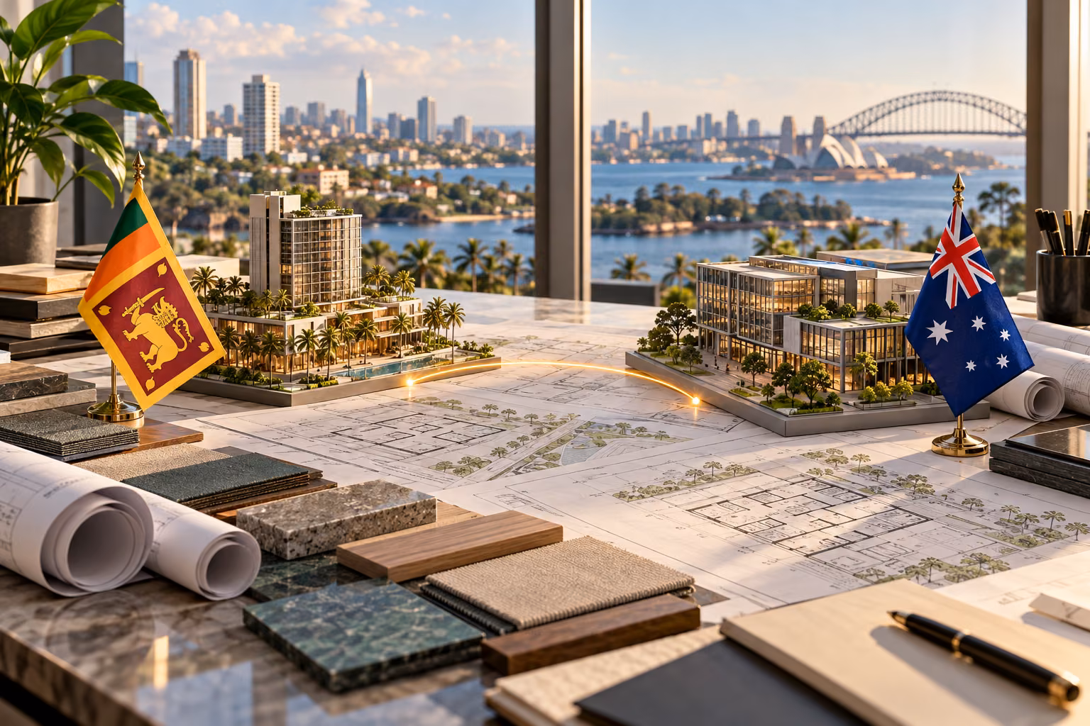 Architectural models and facility plans linked across two connected work settings